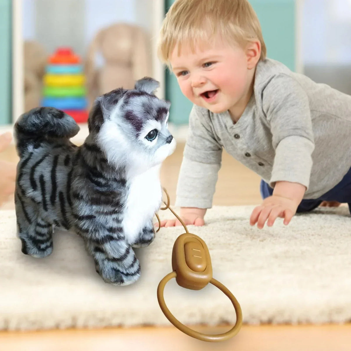 Musical walking cat plush toy with remote leash